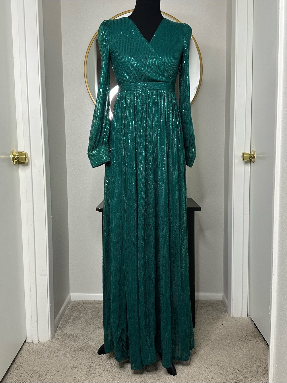 Green Sequin Long Sleeve Maxi Wrap Dress